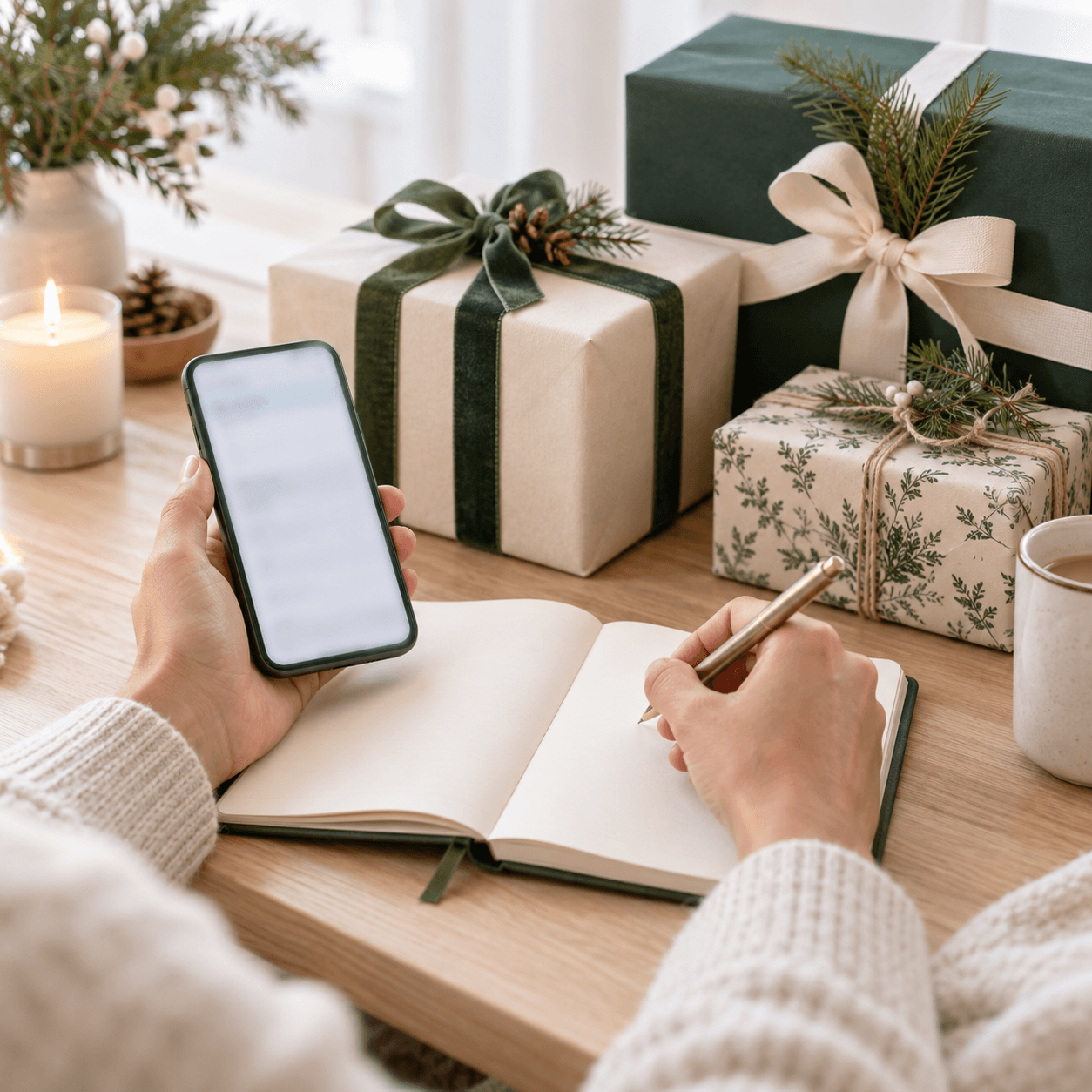 Planning Christmas wishes beside wrapped gifts